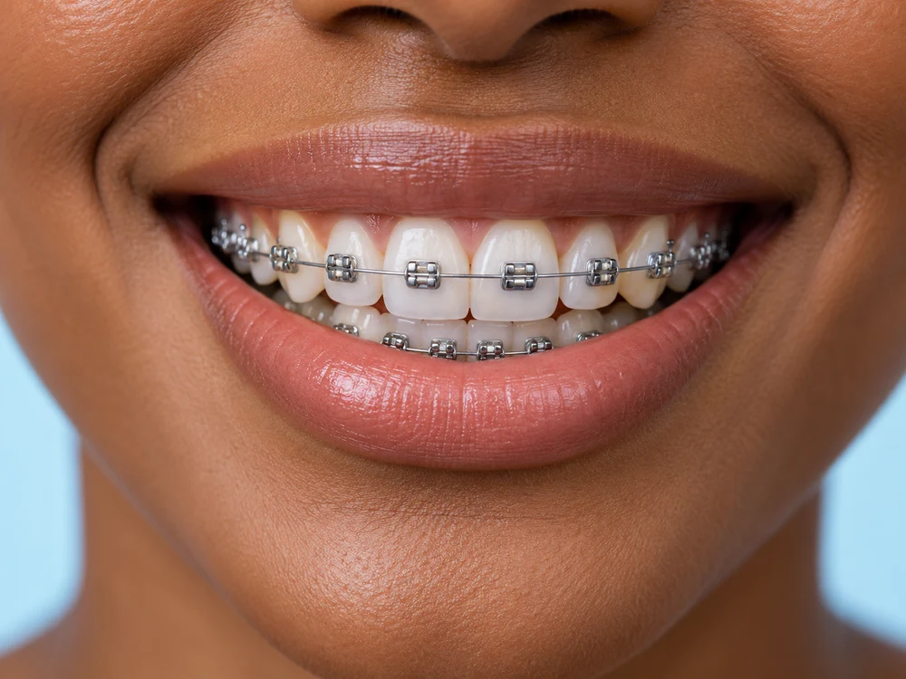 Imagen ilustrativa de una sonrisa con brackets metálicos