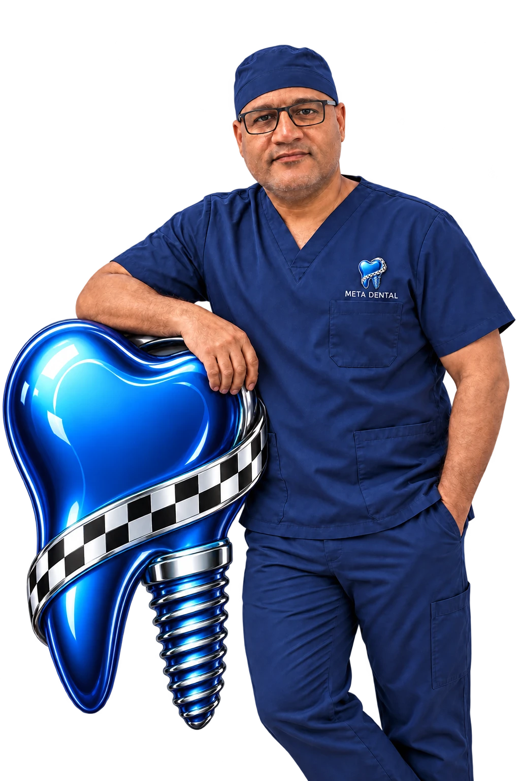 Doctor de Meta Dental con lentes, gorro quirúrgico y uniforme con su logo, apoyado sobre la muela azul del logo de Meta Dental