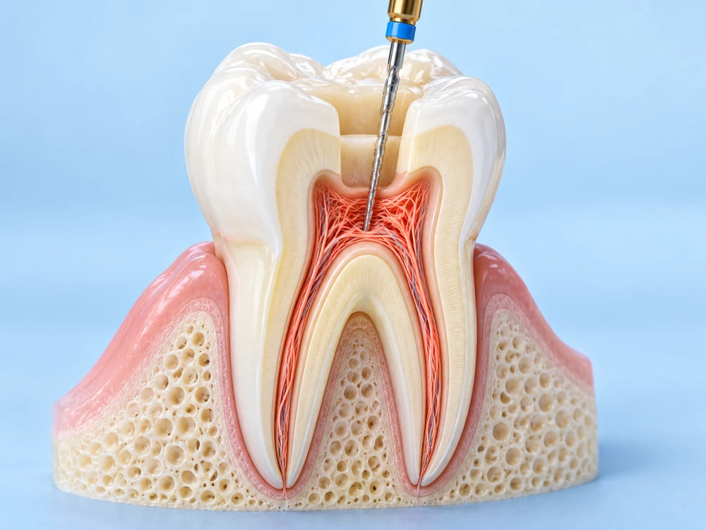 Ilustración de una muela en corte mostrando sus conductos y un instrumento de endodoncia
